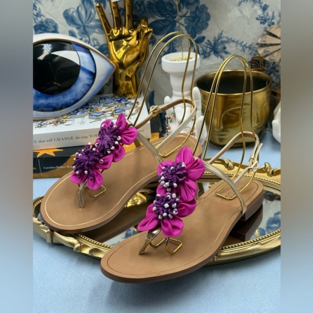 🆕 CHICO'S 🧿 NWOB Sunset Flower Sandal, Pink Hand Beaded Flower Detail - Sz 7US - Picture 10 of 13